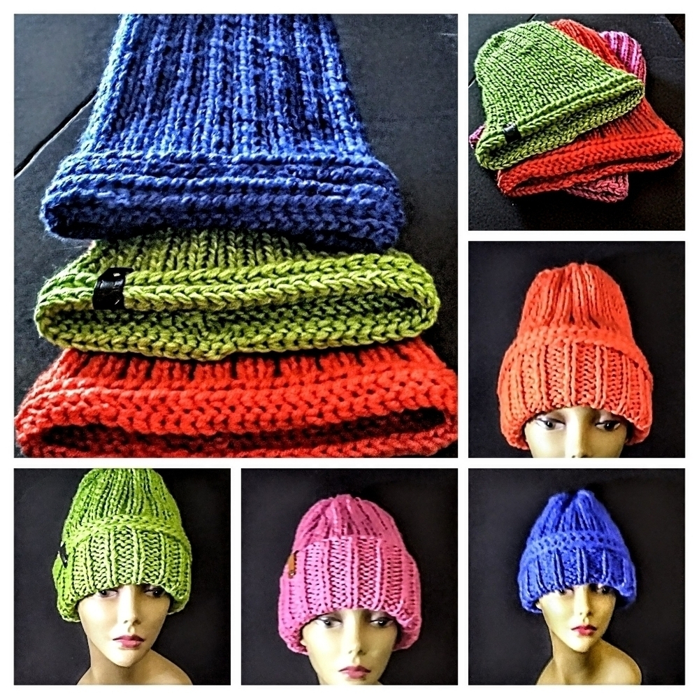 NWT Vibrant Handknitted Beanie With Faux Leather Tag.